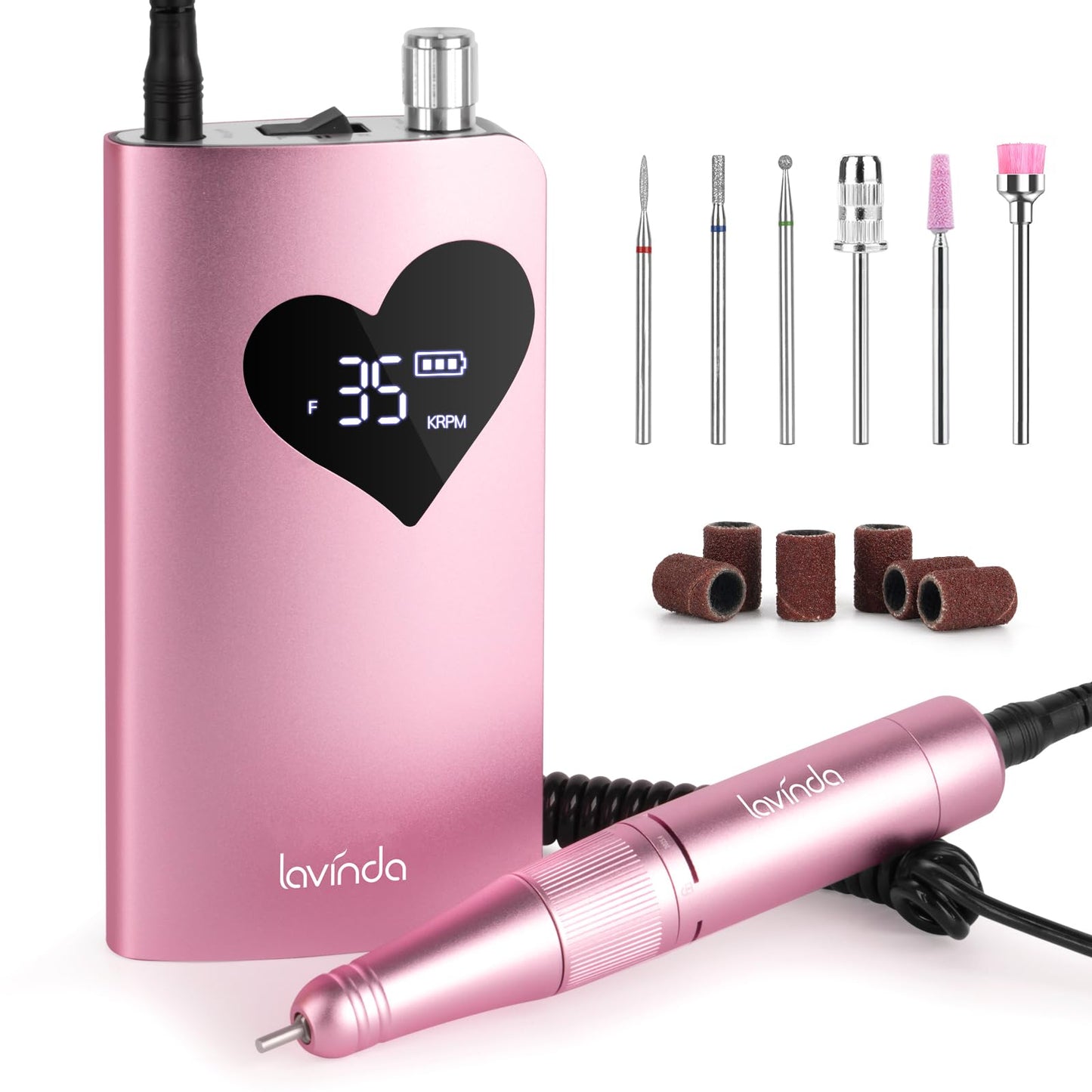 Lavinda Electric Nail Drill Machine, 35000RPM Professional Nail File Cordless Rechargeable Nail Efile for Acrylic Gel Nails (Pink 910)
