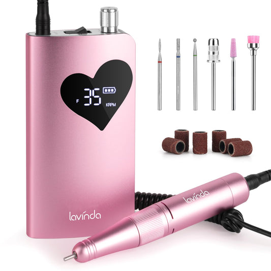 Lavinda Electric Nail Drill Machine, 35000RPM Professional Nail File Cordless Rechargeable Nail Efile for Acrylic Gel Nails (Pink 910)