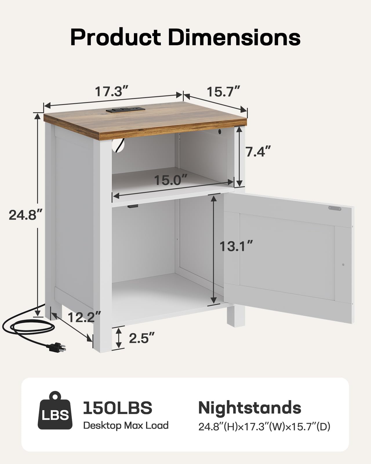 Marsail Farmhouse Nightstand Set of 2 with Charging Station, Wood Bedside Table with USB Port & AC Outlet, Open Shelf and Enclosed Cabinet, Side Table with Storage for Bedroom, Brown and White