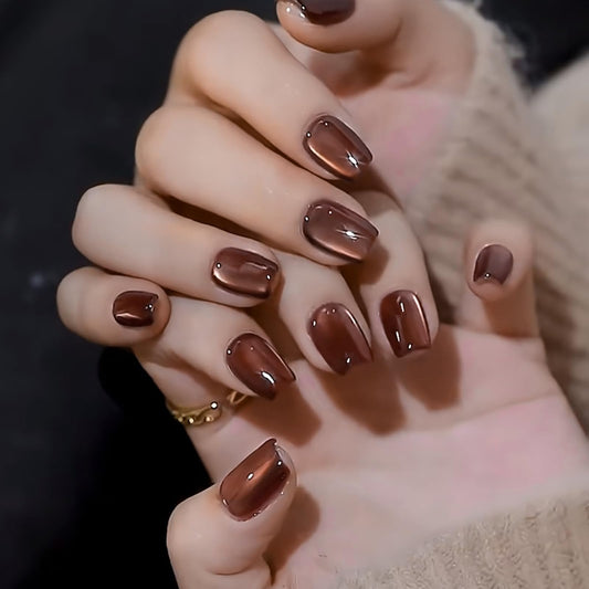 HOSAILY Dark Red Brown Cat Eye Press on Nails Almond, 30pcs Glitter Sparkle Fake Nails Short Coffin, Winter Xmas New Year Glue on Nails Press ons, Glossy Shiny Bling Natural Stick on Nails for Women