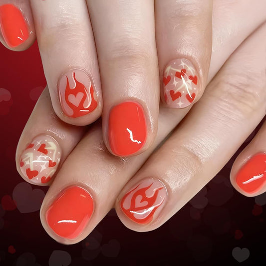 CEWEWP Valentine's Day Press on Nails Short Square False Nails with Red Hearts Flame Design Glossy Full Cover Red Glue on Nails Reusable Cute Holiday Nail Press on for Women Manicure 24Pcs