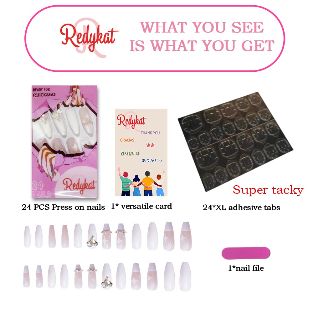 Redykat 24PCS Glittery Sparkling Rhinestone Coffin Press On Nails, Salon Quality Nail Art, Mix Match Extra Long Glossy Acrylic False Nails,Home Quick Manicure (starry French finger tip)