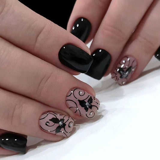 Acrylic Press On Nails - Short Square Fake Nails with Black Butterfly Designs - 24 Pcs Glossy Glue On Nails for Women