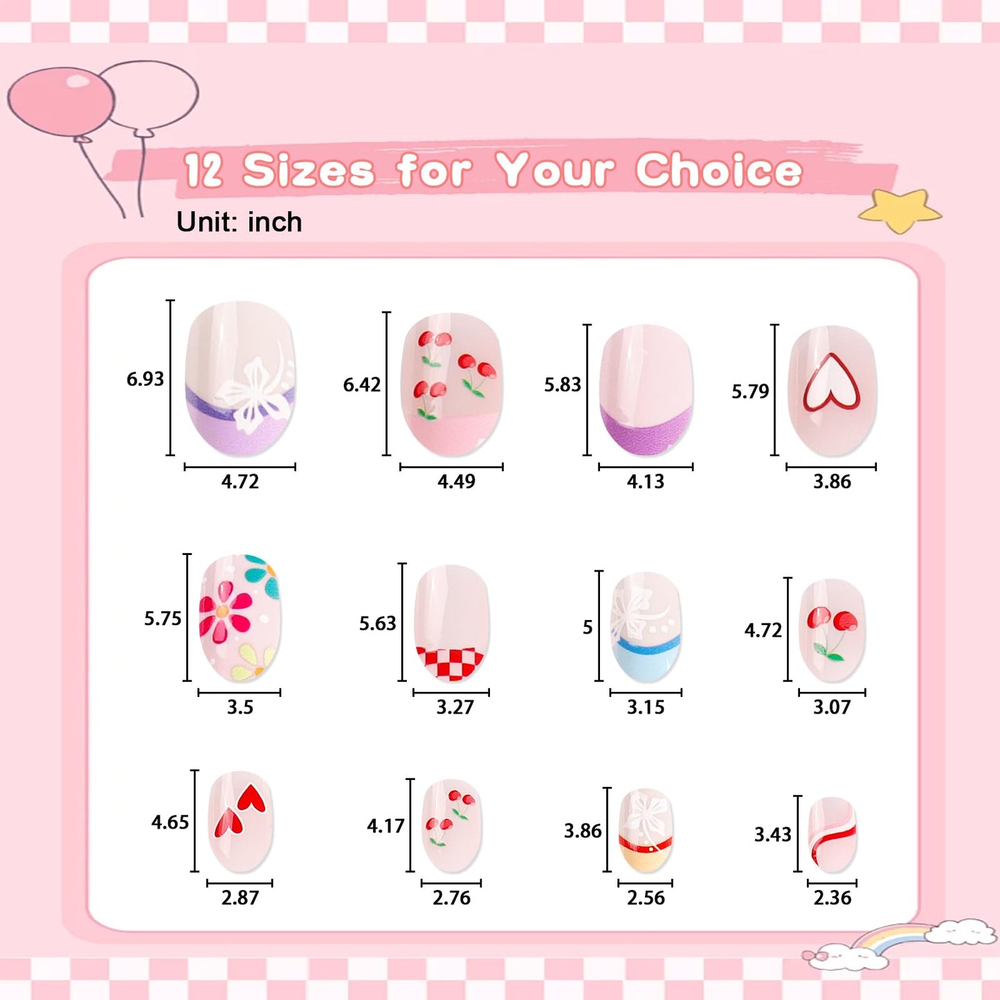 SIUSIO 3Pack Children Acrylic Fake Nails, 72pcs Press on Full Cover Cherry French Tips Short Almond False Nail Art Kits Set with Sticker Tabs Nail Glue Gel for Kids Little Girls Women - Floral Cherry