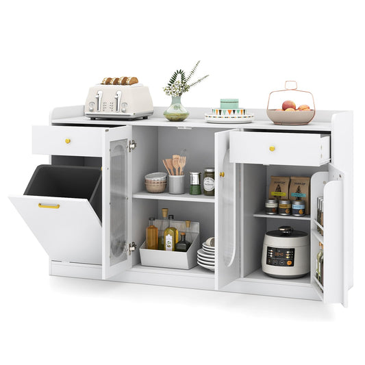 Giantex 55" Farmhouse Buffet Cabinet, Large Credenza w/Hidden Tilt Out Trash Can, 2 Glass Doors, 2 Drawers & Adjustable Shelves, Modern Sideboard Coffee Bar Cabinet for Kitchen, Dining Room (White)