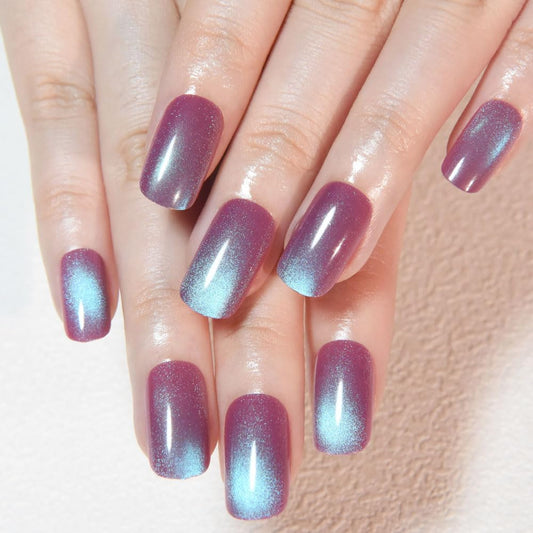 evpct Mauve Blue Reflective Metallic Cat Eye Press on Nails Medium Square No Glue, Stick on Nails Medium Square for Women, Mauve Metallic Nail press ons, Iridescent Glitter Acrylic Fake Press on Nail