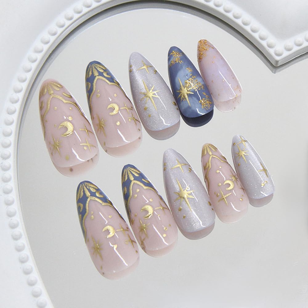 24 Pcs Press on Nails Short Almond,MINGCHUN Fake Nails Press ons Acrylic Nail Art Tips Kit Full Cover False Nails Glue on Nails with Summer Starry Sky Gold Foil Glitter Design for Women Nail Supplies