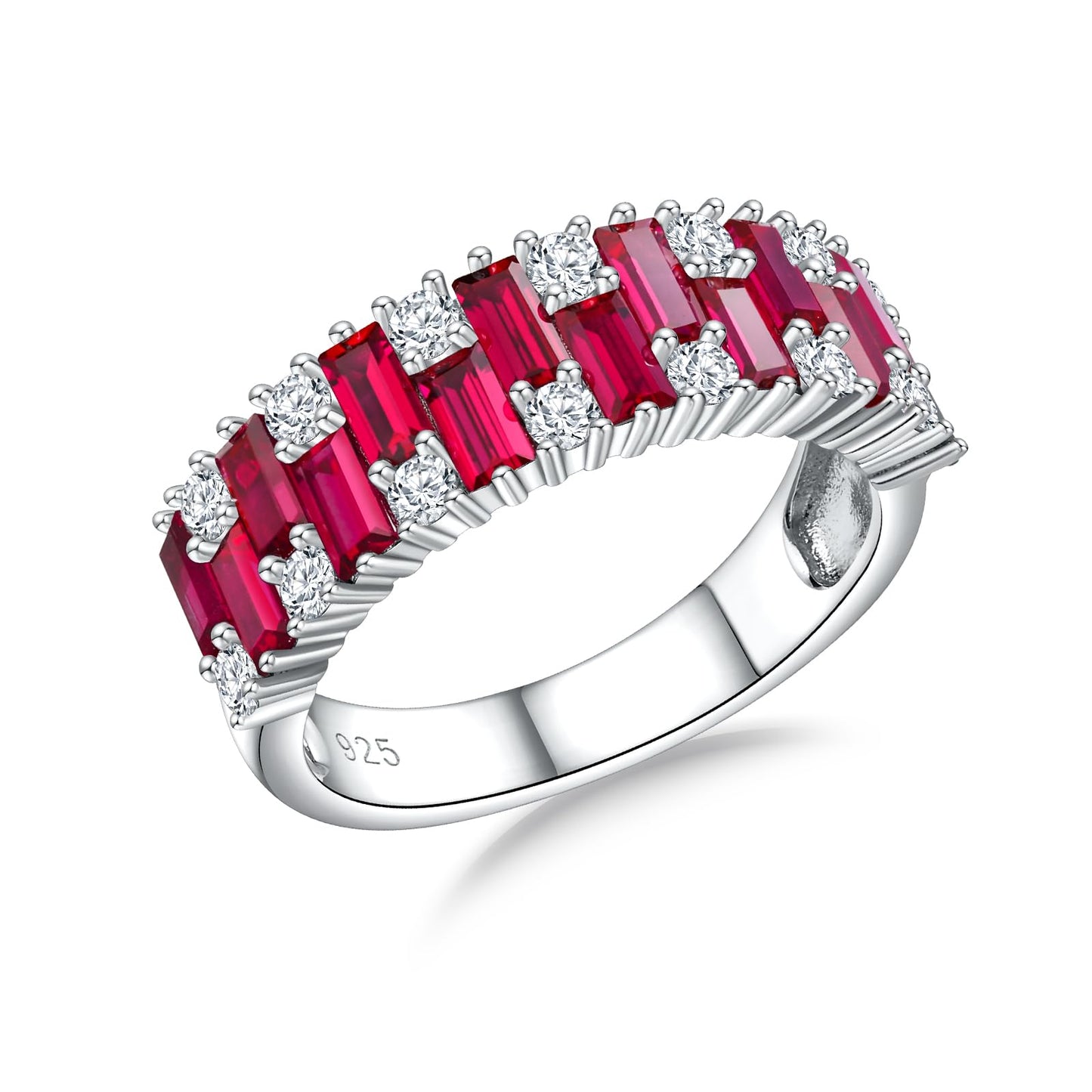 RANDES Ruby Wedding Band for Women 925 Sterling Silver Emerald Cut Cubic Zirconia Red Stone Anniversary Band Eternity Ring Size 10