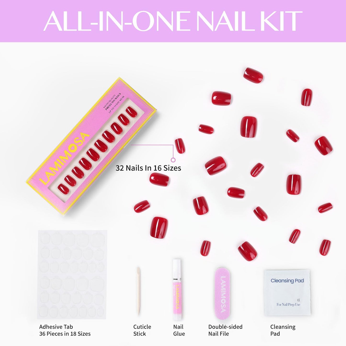 LAMIMOSA 32Pcs Red Press On Nails Short Almond – Soft Gel Fake Nails in 16 Sizes, Reusable Classic Red Glue on Nails Kit, Solid Color False Nails, Stick on Nails, RASPBERRY