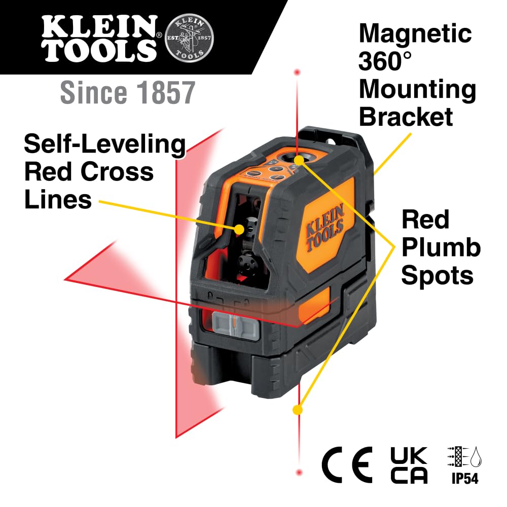 Klein Tools 93LCLS Self-Leveling Class II (≤ 1mW) Laser Level with Bright Red Cross Lines and Plumb Spot, Magnetic and Ceiling Clamp Mounting