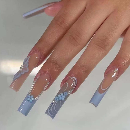 YoYoee Long Square False Nails 3D Daisy Pearls Nails Tips Gradient Blue Press on Nails French Fake Nails for Women and Girls 24PCS