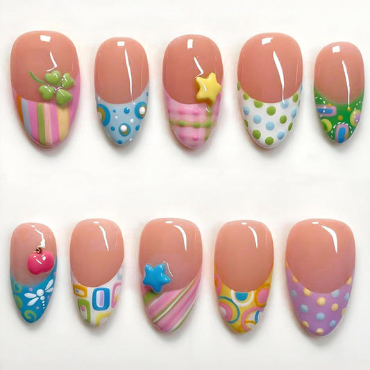 30Pcs Cute Almond Press on Nails Medium Fake Nails with 3D Floral, Star, Apple Embossed False Nails French Acrylic Nail Tip Four-leaf Clover Stick on Nails Artificial Nail for Women DIY Manicure