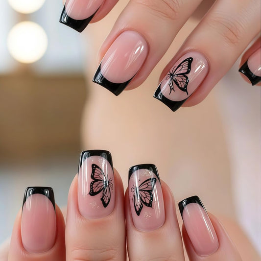 CTTHNBD Press on Nails Medium - Square Fake Nails with Butterfly Design - Black French Tip False Nails Press ons - for Women 24 Pcs