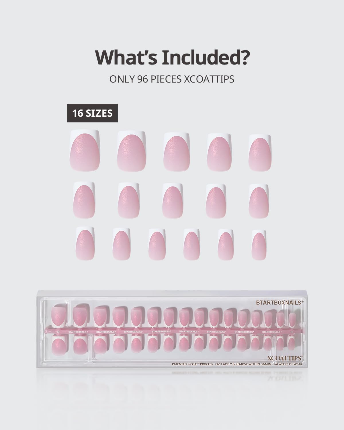 BTArtboxnails French Tip Press On Nails - Salon Quality Glitter Pink Short Square, 96 Pcs Soak Off Soft Gel Kit for Easy DIY at Home | Long Lasting Manicure with 16 Sizes (XCOATTIPS)