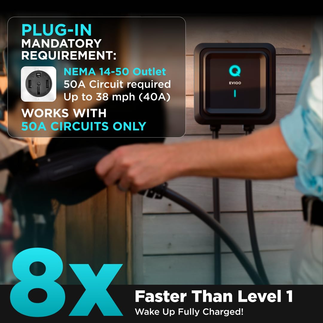 EVIQO Level 2 EV Charger, 40 Amp, J1772 for Non-Tesla EVs, 25ft Cable, WiFi (2.4GHz) Smart App, Weatherproof Indoor/Outdoor (IP66, NEMA 4), UL & ETL Certified, NEMA 14-50 Plug-in 240V, 9.6kW