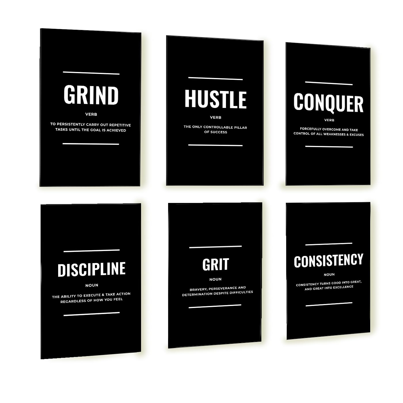 Black and White Motivational Posters Set of 6 - Inspirational Wall Art Prints for Men | Hustle Grind Discipline Office, Home Gym & Bedroom Decor | Bold Monochrome Quotes | ThrowbackTraits