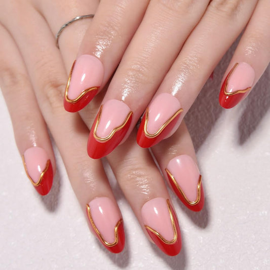 evpct French Tip Press On Nails Short Almond, Nude Pink + Gold Line & Ruby Red Tips, Glossy Short Almond Fake False Press on Nails, Reusable Gel Stick on nail Press ons with Nail Kit, Salon Quality