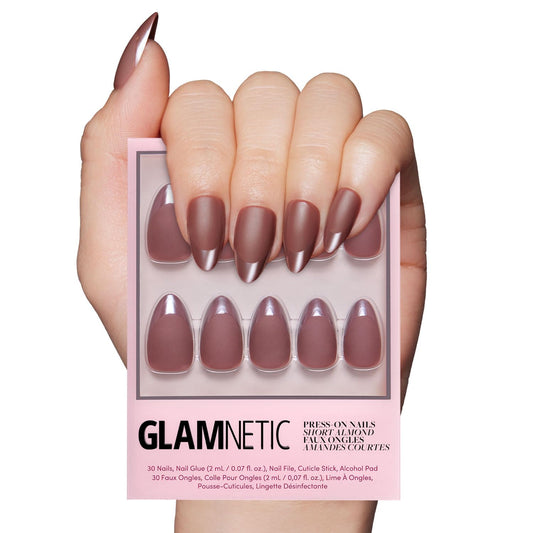 Glamnetic Press On Nails - Terra | Short Almond Dark Brown Fake Nails with Glossy French Tips in a Matte Finish, Salon Quality, 15 Sizes - 30 Nail Kit with Glue