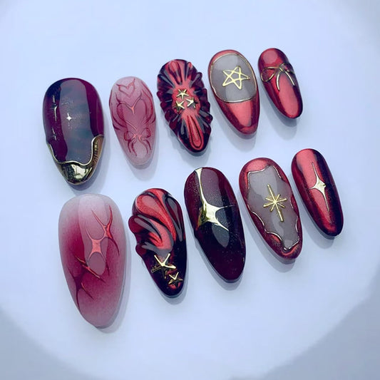3D Handmade Press on Nails Gold Star Bow False Nails with Design Medium Almond Red Natural Glue on Nail Glossy Acrylic Stick on Nail for Women