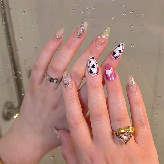 30Pcs 3D Chrome Silver Press on Nails Medium Almond Fake Nails Pink Magnetic Shimmer Designs False Nails Cow Print Artificial Nails Nude Glossy Full Cover Star Flower Acrylic Stick on Nail for Women