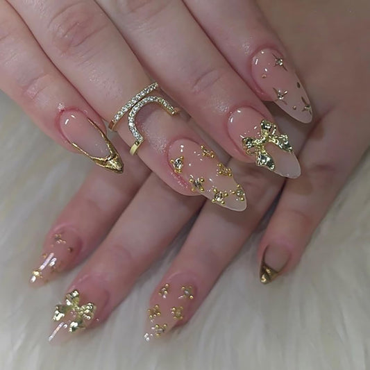 Press On Nails Medium Almond Fake Nails Press Ons With Gold Rhinestone Star Design Gold Bow French False Nails Pink Glossy Acrylic Nails For Women