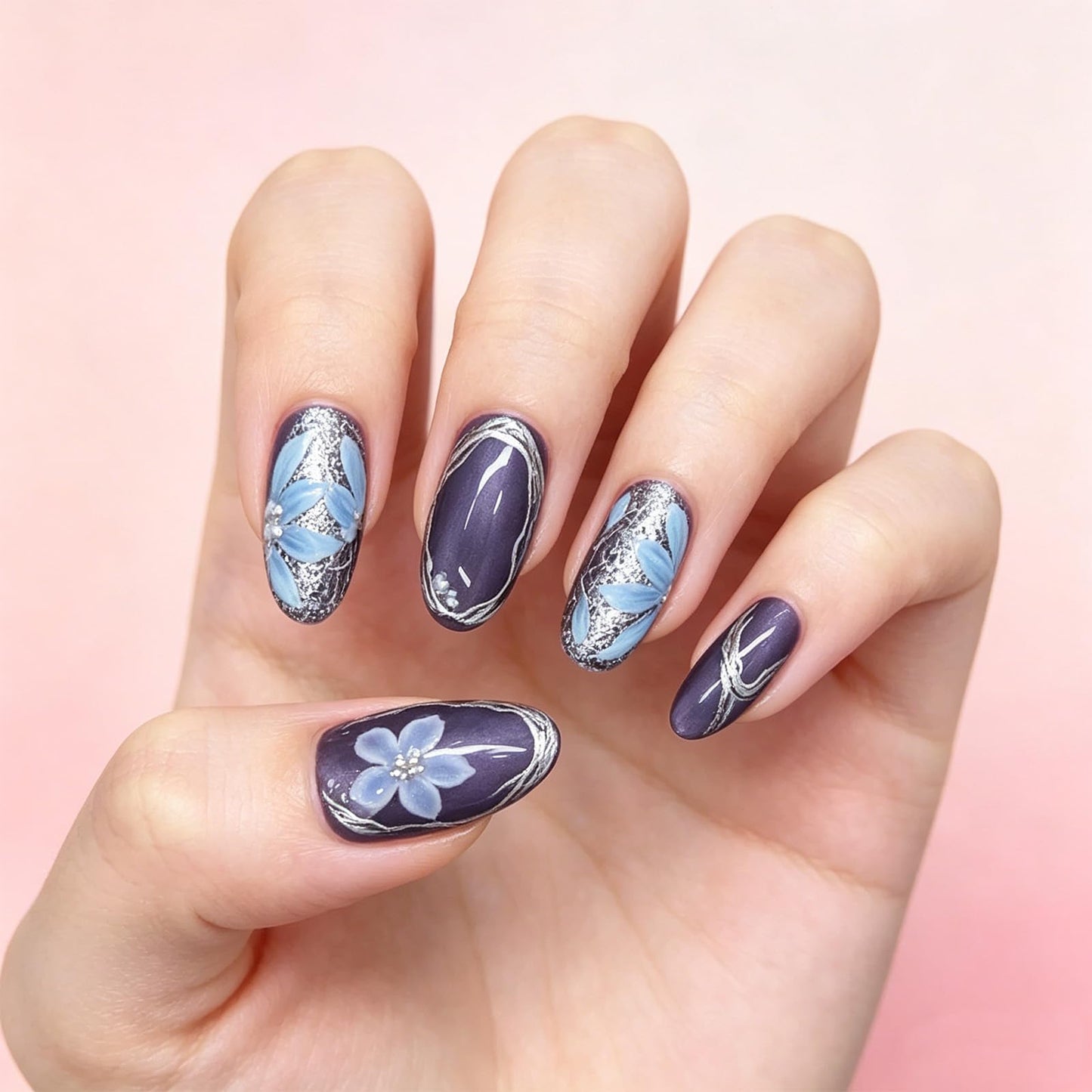 3D Floral Press on Nails Glossy Sparkly Blue Medium Almond Fake Nail Flower False Nails with Silver Glitter Design Curve Line Stick on Nail Pearl Glue on Artificial Fingernails for Women Daily Wear