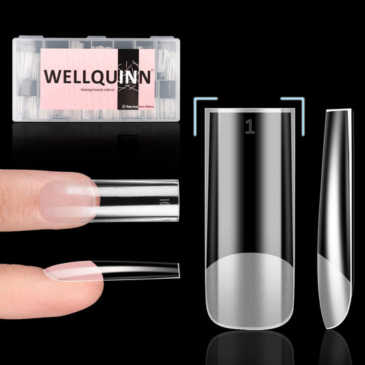 Wellquinn Gel Nail Tips Sharp Square Long, 300pcs 15 Sizes, Pre-Etched Half Matte Full Cover Soft Gel Nail Tips, Clear Press on False Nail Extension Acrylic Fake Nails, Easy DIY Salon Art