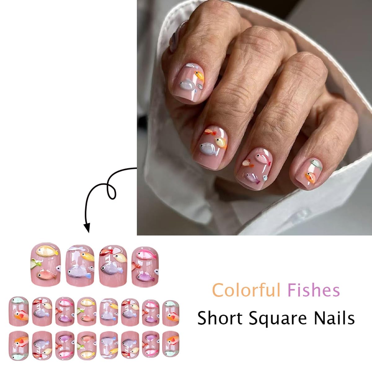 Summer Press on Nails - Short Square, Fish Design, Full Cover Glue on Nails for Women Manicure 24 Pcs