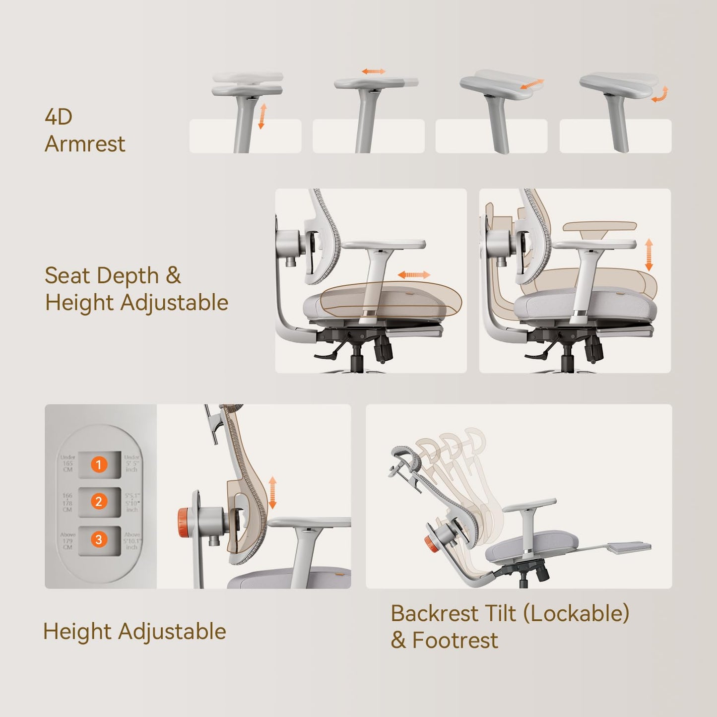 Newtral Ergonomic Office Chair with Footrest - Home Office Desk Chair with Adaptive Lumbar Support, 4D Armrest, Adjustable Seat Depth & Height
