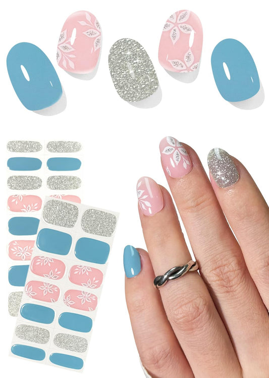 Semi Cured Gel Nail Strips, No LED Lamp Needed, Blue Glitter Flower Gel Nail Stickers, Wraps for Home Manicure DIY
