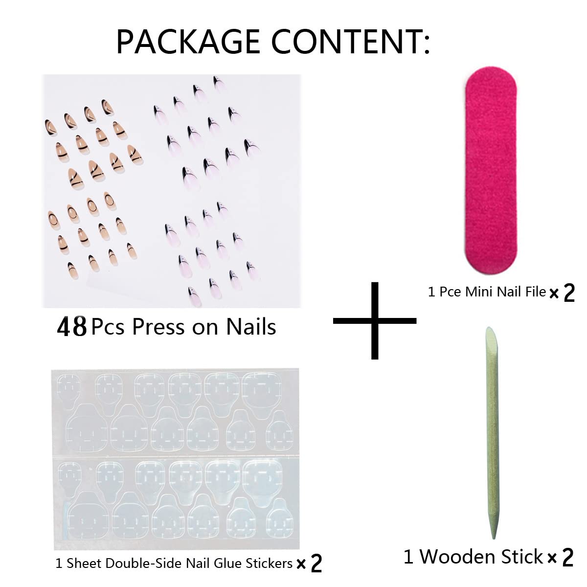 Press On Nails Short, Stripes French Fake Nails, 2packs (48 Pcs) Glossy Full Cover Acrylic Press on Nails Almond, Black Stick On Nails for Women and Girls