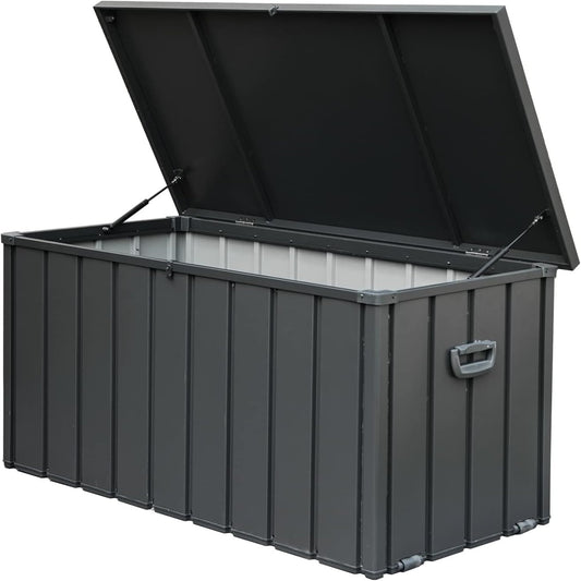 150 Gallon Outdoor Storage Deck Box, Metal Waterproof Storage Deck Box for Indoor Outdoor, Large Storages Bench Patio Storages Bin for Outside Cushions, Throw Pillows, Garden Tools, Lockable