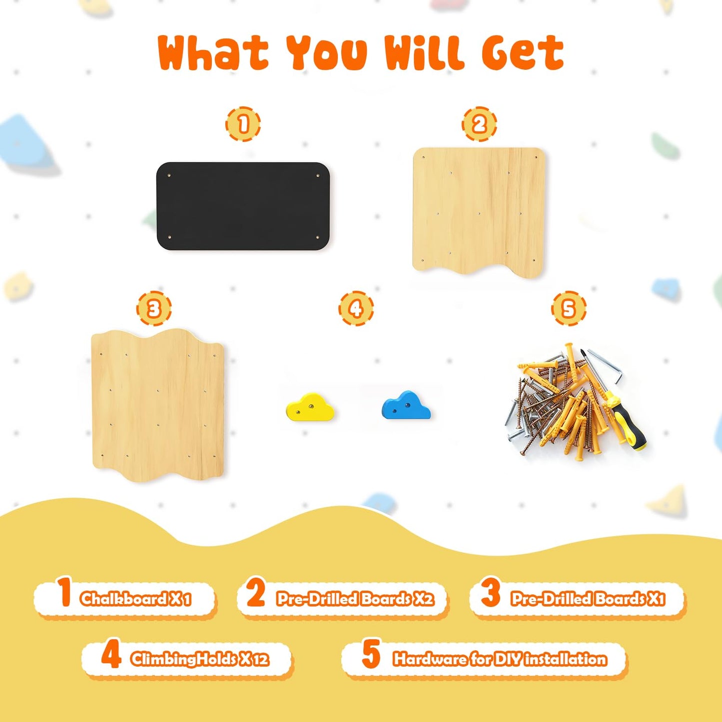 DOLEMODUO Wooden Climbing Wall, Kids Indoor Climbing Wall Panels with 12 Rock Holds, Montessori Climbing Toy for Playroom & Home Gym, Aged 3+