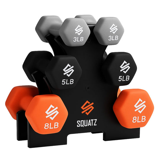 SQUATZ Dumbbell Weights Set with Stand, 32lbs Neoprene Coated Weights in Color Gray, Black, and Orange, Hex Shape Anti Slip and Roll Dumbbells for Exercise, Training, Fitness, Yoga