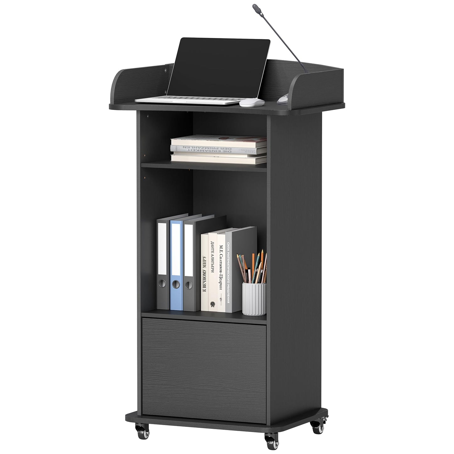 Suuiwau Portable Podium Stand with 4 Metal Wheels, Mobile Lectern Stand with Storage for Church Classroom Restaurant Reception Office Presentation, Wooden Pulpit Desk for Hostess Teacher (Black)