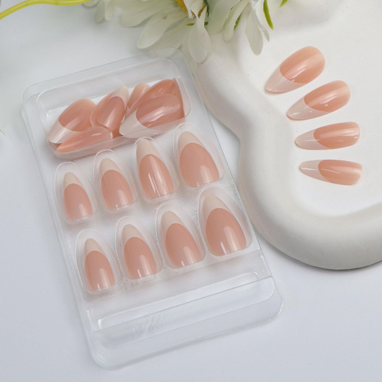 24Pcs White French Tip Press on Nails Almond Medium Fake Nails Glossy Glue on Nails Press ons Daily Wear Simple Nude Stick on Nails for Women Girls