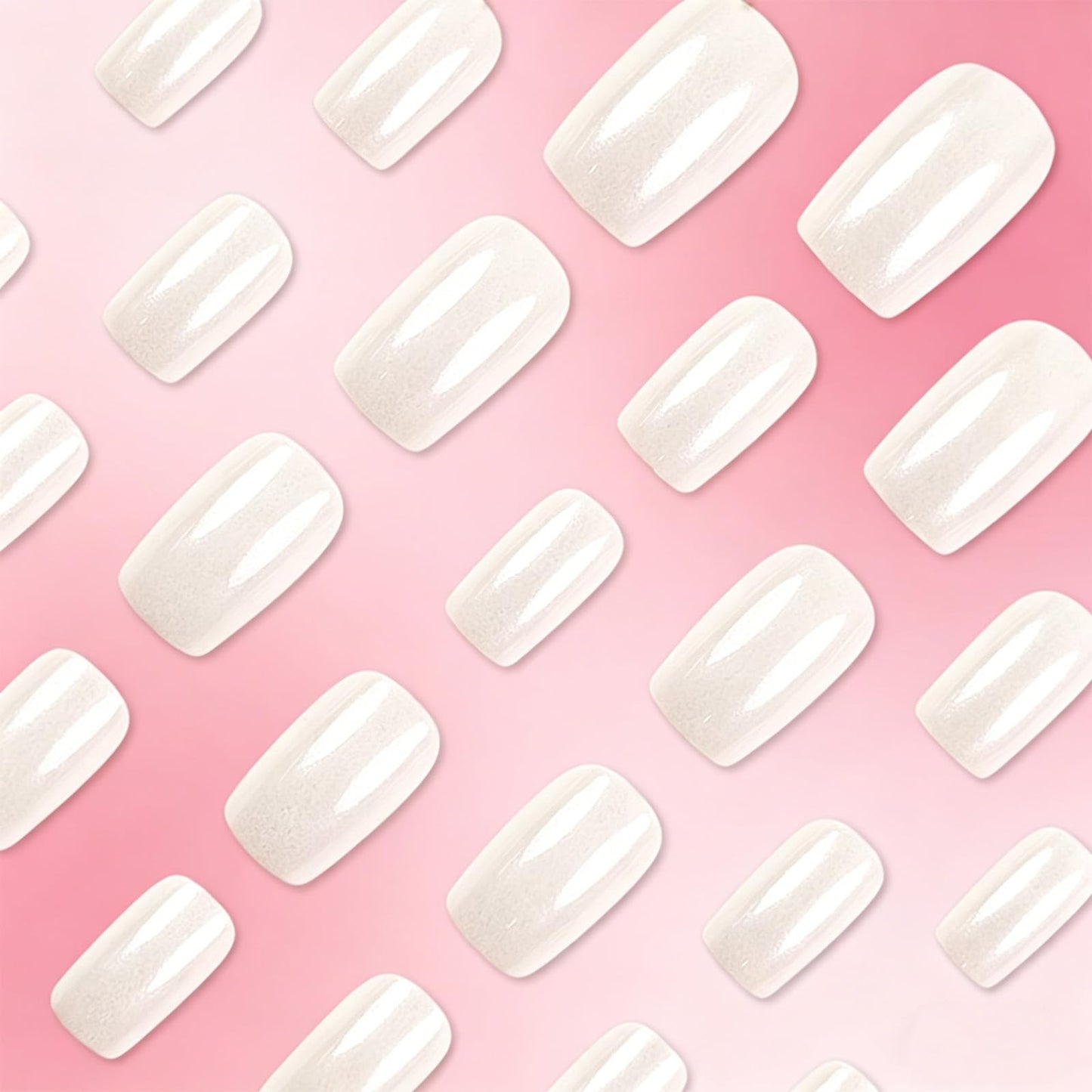 Pearl White Press on Nails, Medium Square False Nails for Bridal and Everyday, Glossy Aurora Glue on Artificial Nail, Reusable Chrome Stick on Fake Nail for Women Minimalist Daily Wear