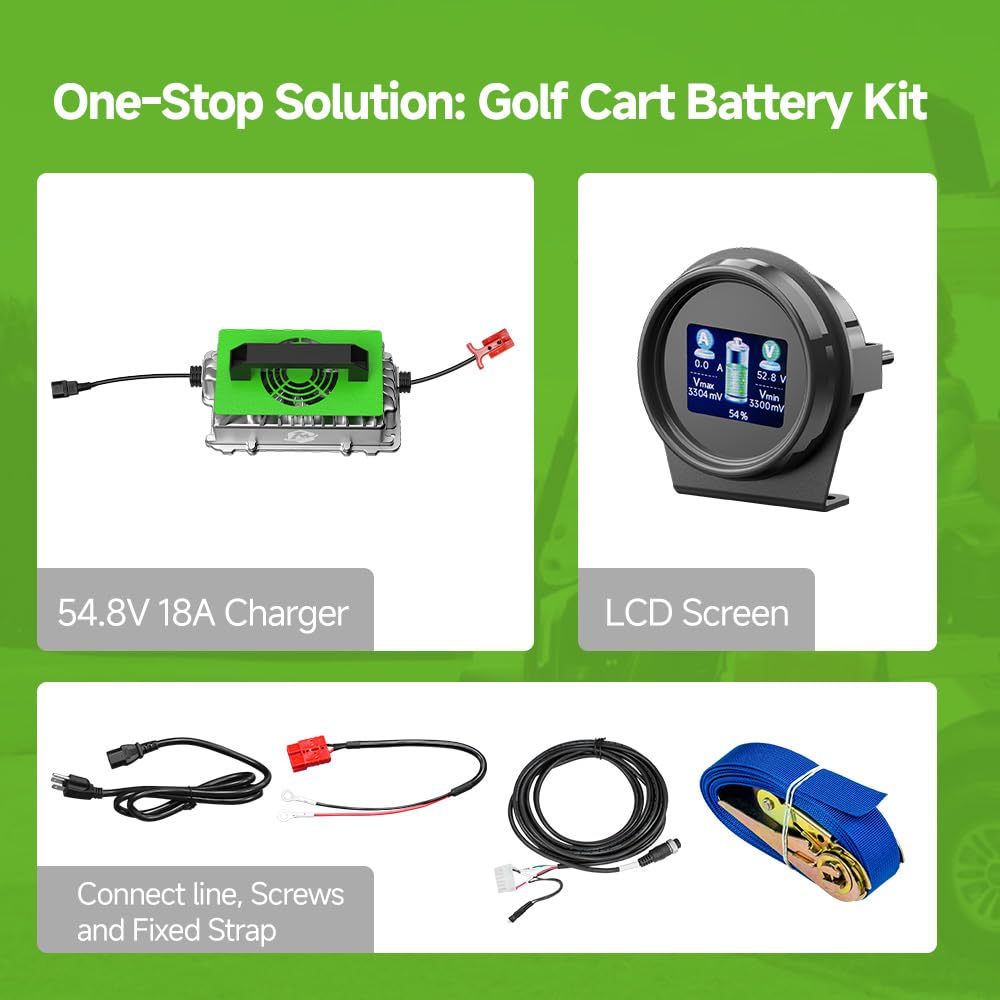 Mosasaur 48V 100Ah LiFePO4 Golf Cart Battery, 10.24kW Peak Power & 4000+ Cycles, Built-in 200A BMS | with 48V 20A Lithium Battery Charger, LCD Screen & APP Monitoring | for Golf Carts, RV, Marine