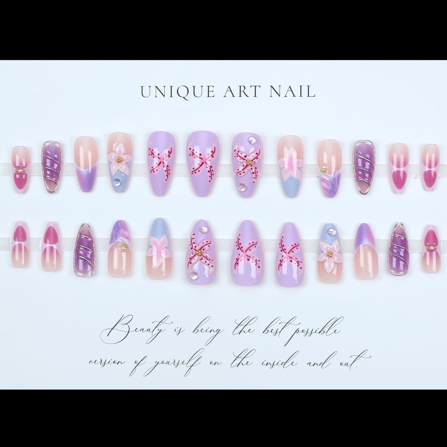 Spring Summer Press On Nails Medium Almond Fake Nails French False Nails With Flower Starfish Designs Acrylic Nail Press Ons Full Cover Glue On Nails Stick On Nails For Women 24Pcs