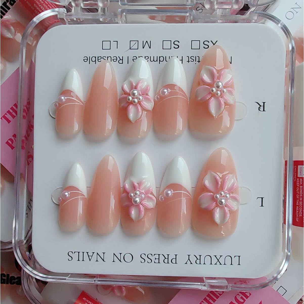 Gleamrain Almond Press on Nails Medium Handmade French Tip Cute Stick on Nails with Flower and Pearl Design Cherry Blossom Pink Fake Nail for Women and Girls Spring Or Summer 10pcs M Size P22