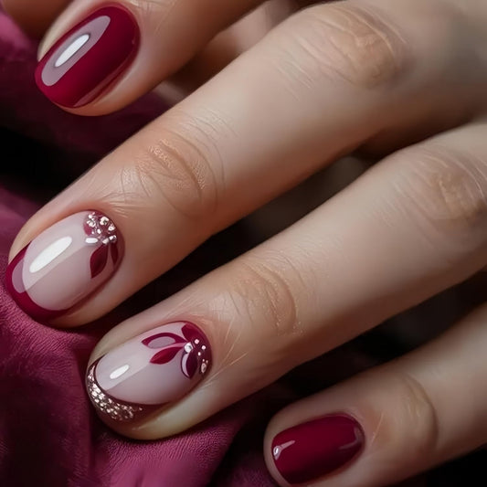 Red Press on Nail Short Square Fake Nails French Tip with designs Flower Acrylic Stick on Nail Glitter Artificial Glossy Cute False Nails Full Cover Reusable Glue on Nails for Women Spring Summer