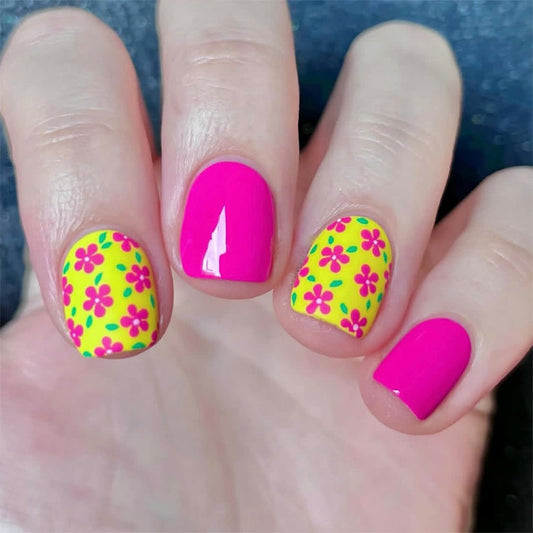 IMRAIN Press on Nails Short Square Fake Nails with Flower Designs Spring Yellow Pink False Nails Cute Floral Full Cover Acrylic Nail Supplies Glossy Glue on Nails for Women Girls 24Pcs