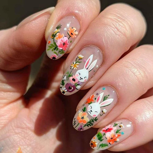 Easter Colorful Flowers Press on Nails Short Square fake Nails Cute Rabbit False Nails with Spring Easter Flowers Design Stick on Nails for Women Girls Manicure Decoration 24 pcs
