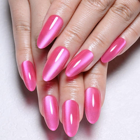 XZMeiLun Cat Eye Hot Pink Press On Nails Almond Medium, Magnetic Acrylic Fake Nails Stylish Design, Salon-Quality Shiny Finish, Reusable Stick On Nails Kit for Women, Daily Wear (No Glue Included)