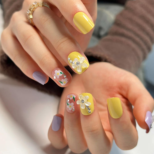 Vezocim Press on Nails Short Square-24Pcs Glossy Full Cover Acrylic Square False Nails with Floral Gems Designs Artificial Extra Short Square Fake Nails with Glue Stick on Fingernails for Women Girls