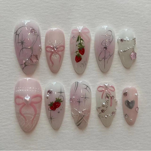 CTTHNBD Press on Nails Almond - Medium Fake Nails with Bow Strawberry Design - Ombre Pink False Nails for Women 24 Pcs