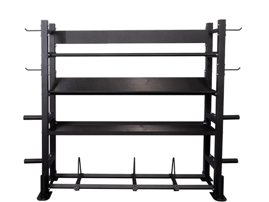 Hydra Fitness Exchange Multi-Purpose Gym Storage Rack – Heavy Duty Fitness Equipment Organizer with Dumbbell Shelf, Bumper Plate Storage, Olympic Bar Holders, Ball Rack & Accessory Hooks