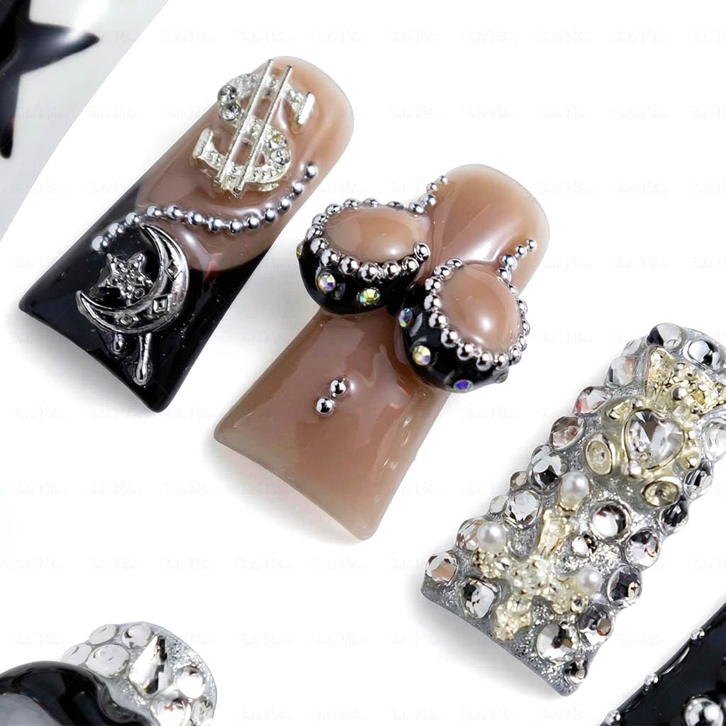 IntoVibes 10 Pieces Luxury Acrylic Press On Nails Long Handmade Duck Nails, White And Black Thickened False Nails, Exaggerated Lips And 3D Dollar Sign, Reusable Fake Nails, Acrylic Nails (L)