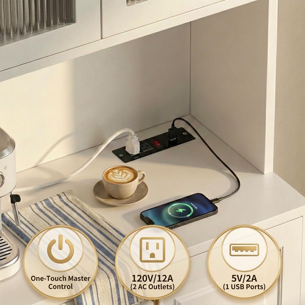 AUN Pantry Cabinet with Charging Station - 68" Multi-Scene Storage Cabinet for Kitchen, Coffee Bar, Dining Room | Adjustable Shelves & Soft-Close Doors,White