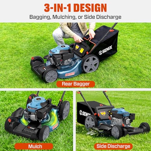 SENIX 21'' Self-Propelled Gas Lawn Mower, 170 cc 4-Cycle Engine 3.8 HP, 3-in-1 (Bagging/Mulching/Side Discharge), 6-Position Cutting Height Adjustment, 1.7 Bushels Grass Bag